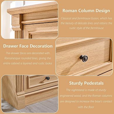 2PCS 26" Farmhouse Nightstand with Charging Station, 2 Drawer, Open Shelf, Bedside Table for Bedroom