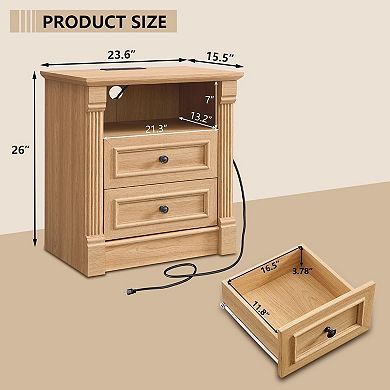 2PCS 26" Farmhouse Nightstand with Charging Station, 2 Drawer, Open Shelf, Bedside Table for Bedroom