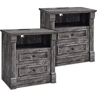 2 pc 26" Farmhouse Nightstand with Charging Station, 2 Drawer, Open Shelf, Bedside Table for Bedroom
