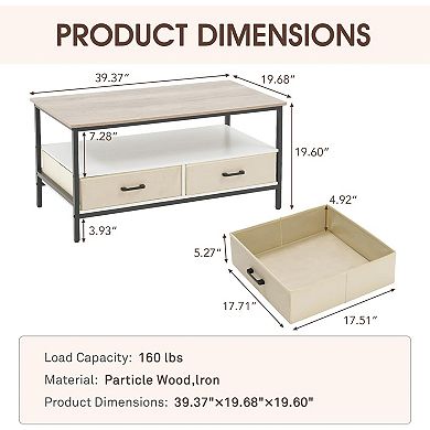 2-Tier 40 in Coffee Table with Storage, Open Display Shelf & Foldable Drawers