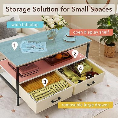 2-Tier 40 in Coffee Table with Storage, Open Display Shelf & Foldable Drawers