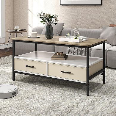 2-Tier 40 in Coffee Table with Storage, Open Display Shelf & Foldable Drawers