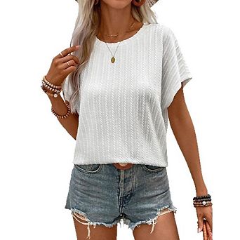 Women Short Sleeve Tops Casual Round Neck Knit Textured Shirts Loose Dressy Business Summer Blouses