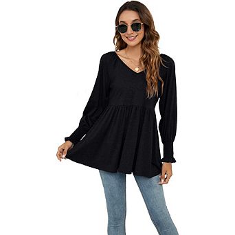 Womens Tops Long Sleeve Fall Shirts Babydoll Peplum Tops Elegant V Neck Tunic Dressy Casual Blouses