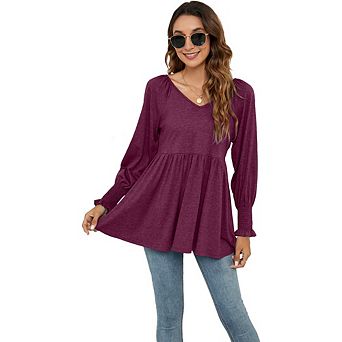 Womens Tops Long Sleeve Fall Shirts Babydoll Peplum Tops Elegant V Neck Tunic Dressy Casual Blouses