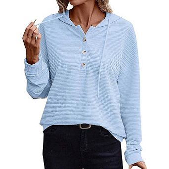 Women Hoodies Sweatshir Waffle Long Sleeve Oversized Drawstring Button V Neck Casual Pullover Tops