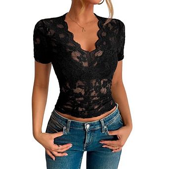 Womens Floral Lace Sheer Tops Short Sleeve See Through Blouse Causal Elegant Fit Summer Tee Shirts