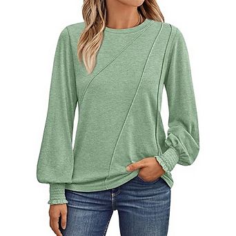 Womens Long Sleeve Shirts Pleated Crew Neck Casual Fall Tops Loose Fit Lightweight Outfits Clothes