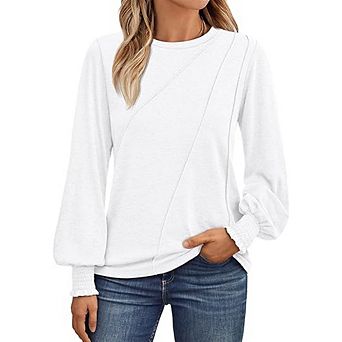 Womens Long Sleeve Shirts Pleated Crew Neck Casual Fall Tops Loose Fit Lightweight Outfits Clothes