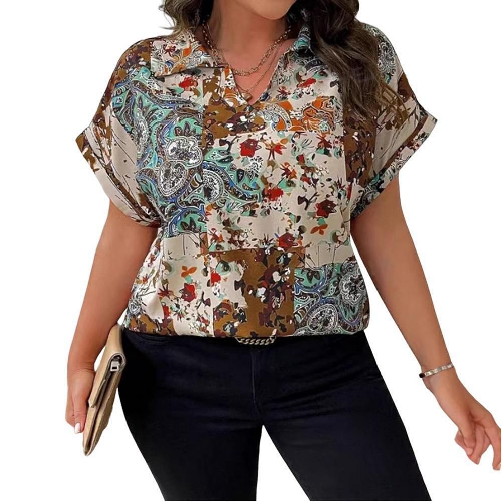 Plus Size Women's Floral Paisley Print Blouse, V-Neck Short Sleeve