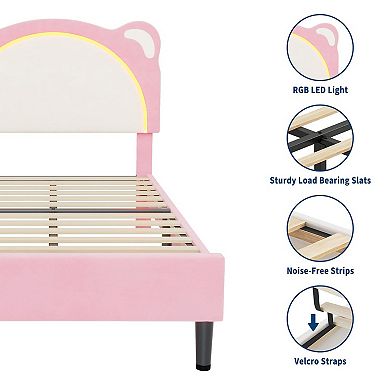 Bed Frame for Kids Upholstered Platform Bed Frame with Adjustable Headboard and Led Light