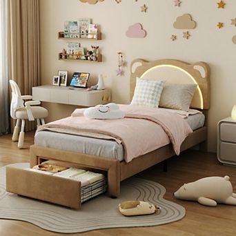 Bed Frame for Kids Upholstered Platform Bed Frame with Adjustable Headboard and Led Light
