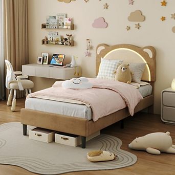 Bed Frame for Kids Upholstered Platform Bed Frame with Adjustable Headboard and Led Light