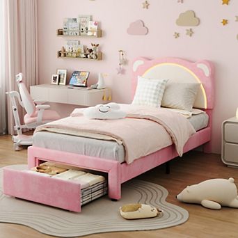 Bed Frame for Kids Upholstered Platform Bed Frame with Adjustable Headboard and Led Light