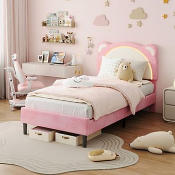 Bed Frame for Kids Upholstered Platform Bed Frame with Adjustable Headboard and Led Light