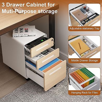 3 Drawer Rolling File Cabinet with Lock, Carbon Steel, for A4, Letter, Legal File Folders