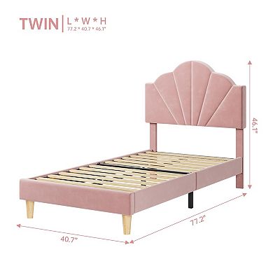 Velvet Upholstered Platform Bed Frame with Height Adjustable Headboard for Boys or Girls