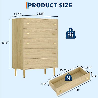 ANIXOL Farmhouse 5-Drawer Dresser, Rustic Wood Chest with Bar Handles