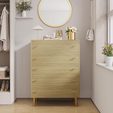 ANIXOL Farmhouse 5-Drawer Dresser, Rustic Wood Chest with Bar Handles