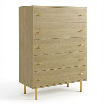 ANIXOL Farmhouse 5-Drawer Dresser, Rustic Wood Chest with Bar Handles