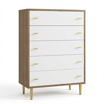 ANIXOL Farmhouse 5-Drawer Dresser, Rustic Wood Chest with Bar Handles