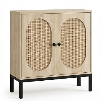Rattan and Wood Storage Buffet Cabinet with Adjustable Shelves, Vintage Style
