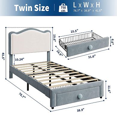 Upholstered Bed Frame Kids Platform Bed Frame with Headboard and Storage Drawer