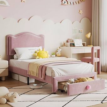 Upholstered Bed Frame Kids Platform Bed Frame with Headboard and Storage Drawer