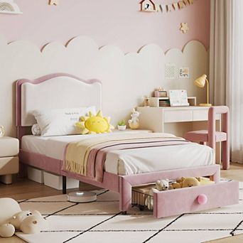 Upholstered Bed Frame Kids Platform Bed Frame with Headboard and Storage Drawer