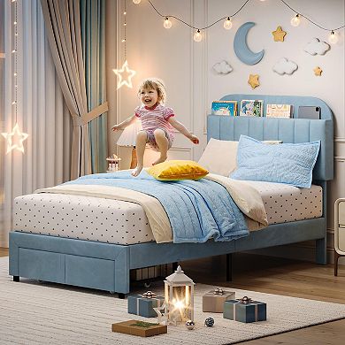Bed Frame for Kids Upholstered Platform Bed with Large Storage Drawer and Bookcase Headboard