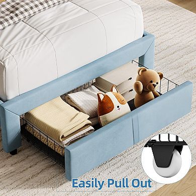 Bed Frame for Kids Upholstered Platform Bed with Large Storage Drawer and Bookcase Headboard
