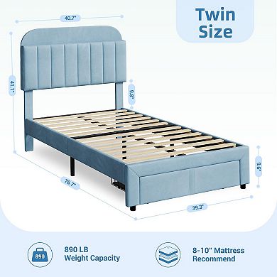 Bed Frame for Kids Upholstered Platform Bed with Large Storage Drawer and Bookcase Headboard
