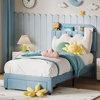 Bed Frame for Kids Upholstered Platform Bed with Large Storage Drawer and Bookcase Headboard