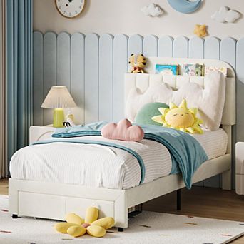 Bed Frame for Kids Upholstered Platform Bed with Large Storage Drawer and Bookcase Headboard