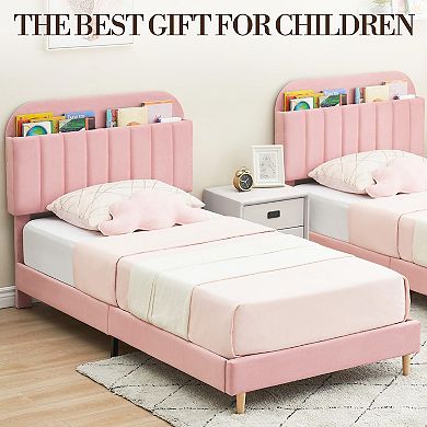 Bed Frame with Upholstered Storage Headboard Platform Bed with Bookshelf