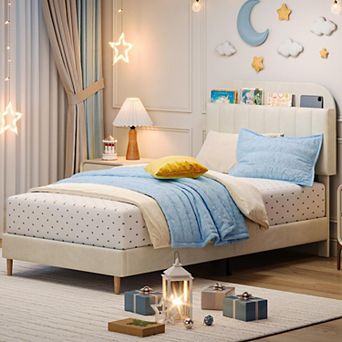 Bed Frame with Upholstered Storage Headboard Platform Bed with Bookshelf