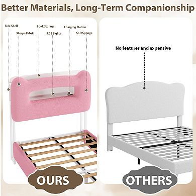 Upholstered Bed Frame with 2-Tier Storage Headboard LED Platform Bed with Drawer