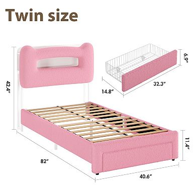 Upholstered Bed Frame with 2-Tier Storage Headboard LED Platform Bed with Drawer