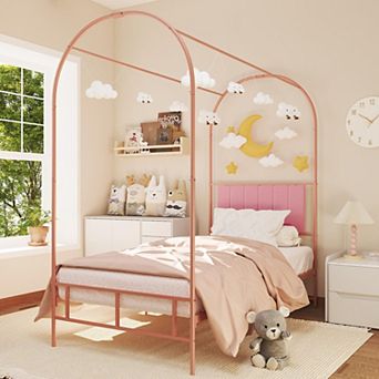 Canopy Bed Frame with Upholstered Headboard and Under-Bed Storage