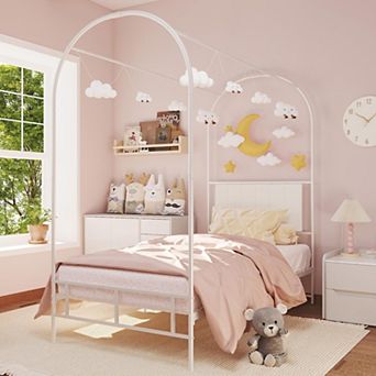 Canopy Bed Frame with Upholstered Headboard and Under-Bed Storage
