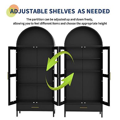 ANIXOL 73-Inch Tall Arched Metal Storage Cabinet with Glass Doors & Drawer