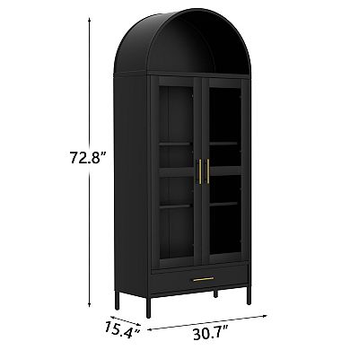 ANIXOL 73-Inch Tall Arched Metal Storage Cabinet with Glass Doors & Drawer