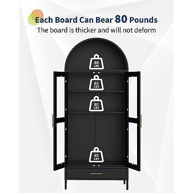 ANIXOL 73-Inch Tall Arched Metal Storage Cabinet with Glass Doors & Drawer