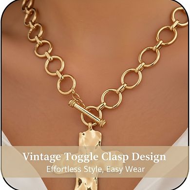 AKSZRI Gold Plated Chunky Cross Necklace Layered Statement Pendant Hammered Vintage Toggle Clasp