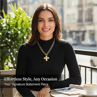 AKSZRI Gold Plated Chunky Cross Necklace Layered Statement Pendant Hammered Vintage Toggle Clasp