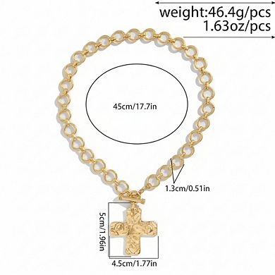 AKSZRI Gold Plated Chunky Cross Necklace Layered Statement Pendant Hammered Vintage Toggle Clasp