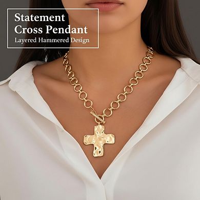 AKSZRI Gold Plated Chunky Cross Necklace Layered Statement Pendant Hammered Vintage Toggle Clasp