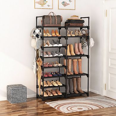 8-Tier Metal Shoe Rack with Hooks Stackable Boot Storage Shelf