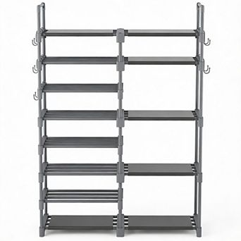 8 tier Metal Shoe Rack with Hooks Stackable Boot Storage Shelf