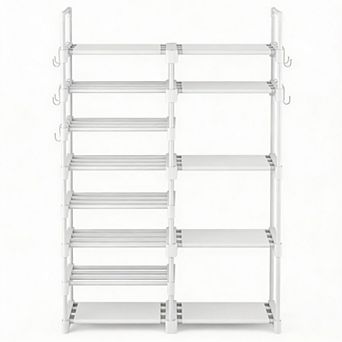 8 tier Metal Shoe Rack with Hooks Stackable Boot Storage Shelf